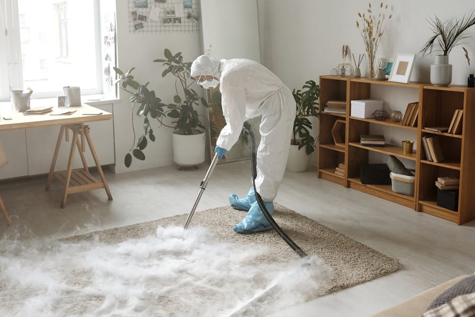A professional cleaner dressed in white protective coveralls, a face mask, goggles, and blue gloves applies disinfectant with a spray bottle to a wooden surface in a well-lit room. The background show