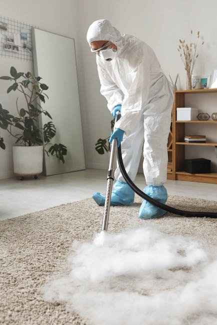 A professional in full protective white coveralls, face mask, and blue gloves uses a vacuum and steam cleaning equipment on a large beige carpet in a well-lit, modern living room. The room features a wooden bookshelf with decorative items and books, a tall mirror leaning against the wall, and potted plants adding greenery. The carpet appears freshly cleaned, with visible steam or mist from the cleaning process, highlighting deep surface cleaning and sanitisation. The scene emphasizes domestic cleaning and surface hygiene, aligning with the services offered by Carpet Cleaning Maida Vale in Maida Vale, ensuring thorough and hygienic cleaning of home carpets.