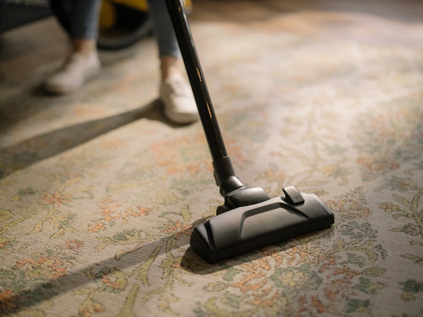 Close-up of a vacuum cleaner head actively cleaning a patterned area rug with floral motifs in a residential living room. The vacuum is black with a visible control switch on top, attached to a long, black upright handle. The rug's surface appears well-maintained and free of visible dust or debris, showcasing a combination of beige, light green, and orange tones. The room is lit by natural light, casting soft shadows, and parts of a person's white sneakers and dark clothing are visible in the background, indicating an ongoing cleaning session. This scene exemplifies professional surface cleaning as offered by Carpet Cleaning Maida Vale, highlighting their expertise in domestic cleaning and deep cleaning services for maintaining hygiene and cleanliness in homes.