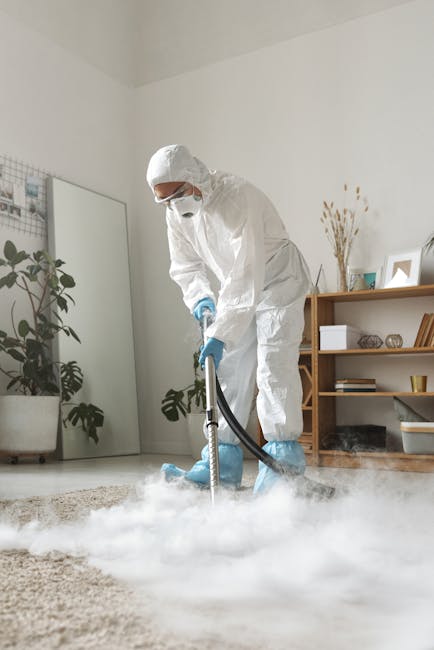 A person dressed in full protective white coveralls, including a hood, face mask, and blue gloves, is performing deep cleaning or sanitisation on a plush beige carpet in a modern living room. The individual is using a professional steam-cleaning machine, which emits a visible cloud of steam or cleaning mist onto the carpet surface. The room features a white wall with a tall mirror leaning against it, a wooden bookshelf with decorative items, and potted plants, all illuminated by natural light. The carpet appears clean and well-maintained, with the cleaning process suggesting thorough surface cleaning and sanitisation to remove dirt or germs. Carpet Cleaning Maida Vale offers expert domestic cleaning services focusing on carpet hygiene and maintenance.